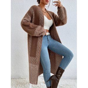 open front striped print fuzzy sweater knit duster cardigan brown